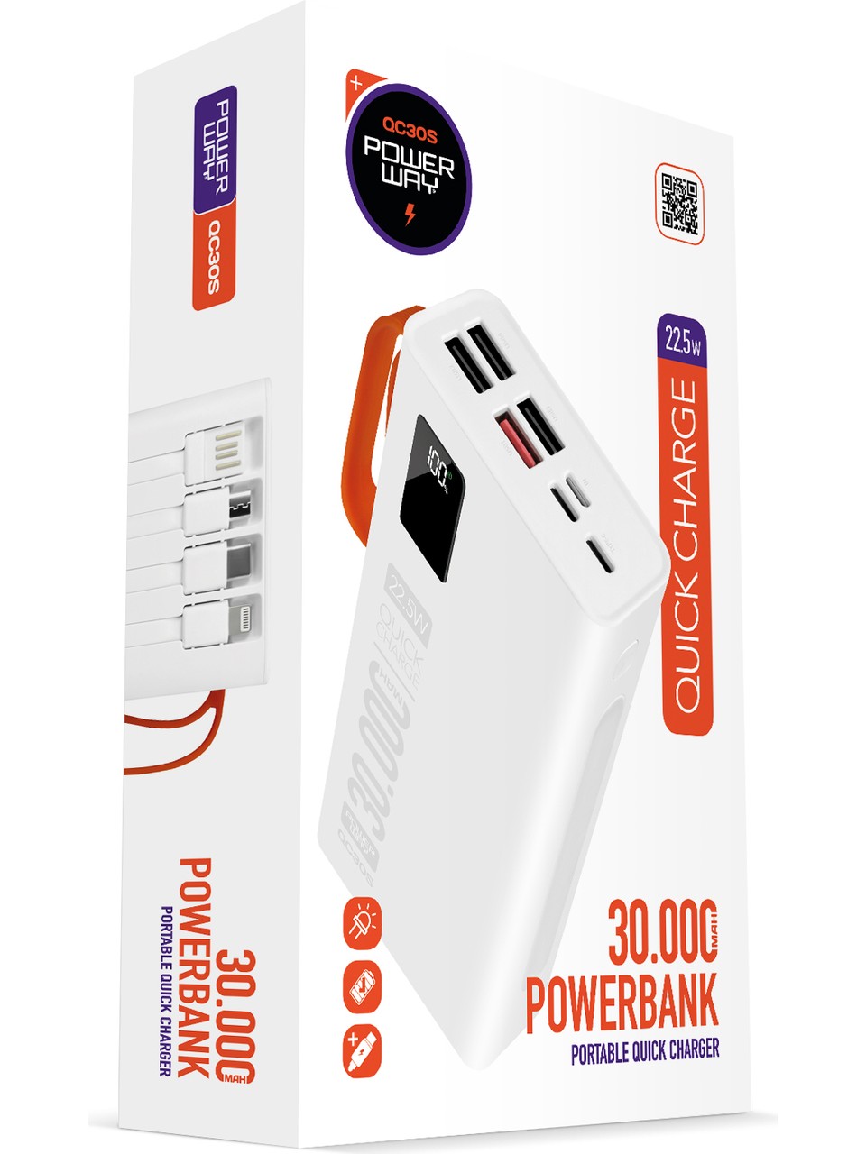 Powerway 30.000 Mah Pd 22.5W Dahili Kablolu Hızlı Şarj LED Fener Gerçek 30.000 Mah QC30S Powerbank